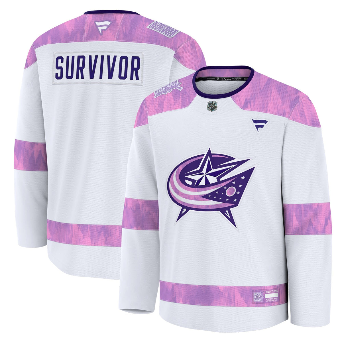 Men's Columbus Blue Jackets Fanatics White Hockey Fights Cancer Survivor Practice Jersey