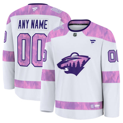 Men's Minnesota Wild Fanatics White 2024 Hockey Fights Cancer Custom Practice Jersey