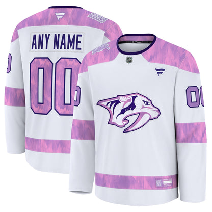 Men's Nashville Predators Fanatics White 2024 Hockey Fights Cancer Custom Practice Jersey