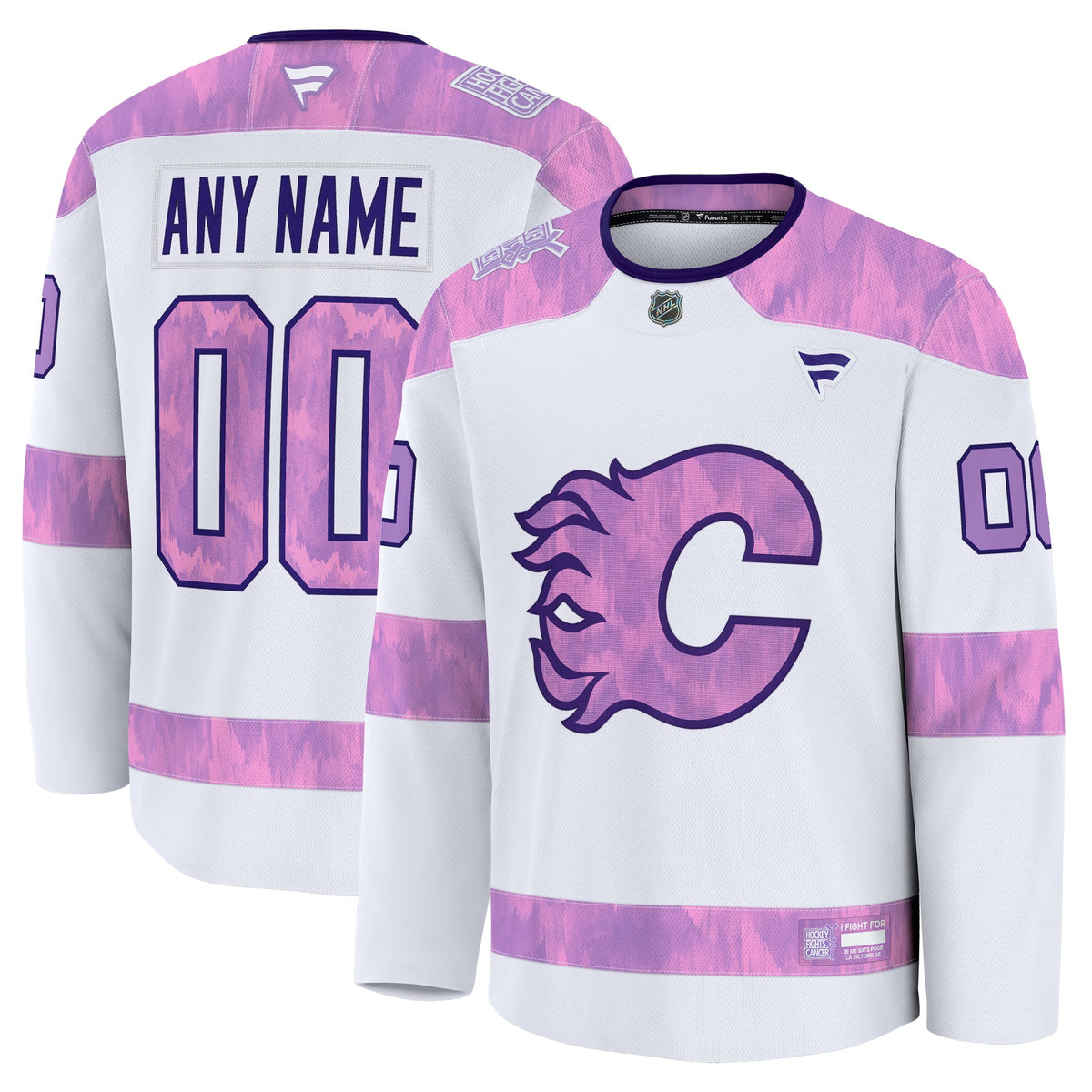 Men's Calgary Flames Fanatics White 2024 Hockey Fights Cancer Custom Practice Jersey