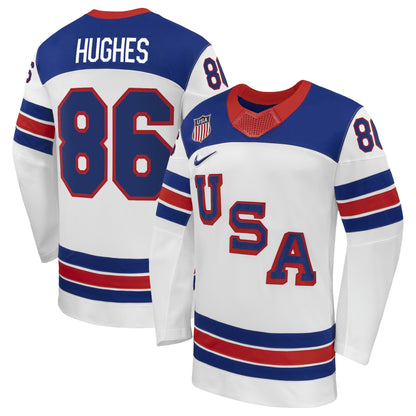 Men's Jack Hughes Nike White US Hockey 2026 Away Replica Jersey
