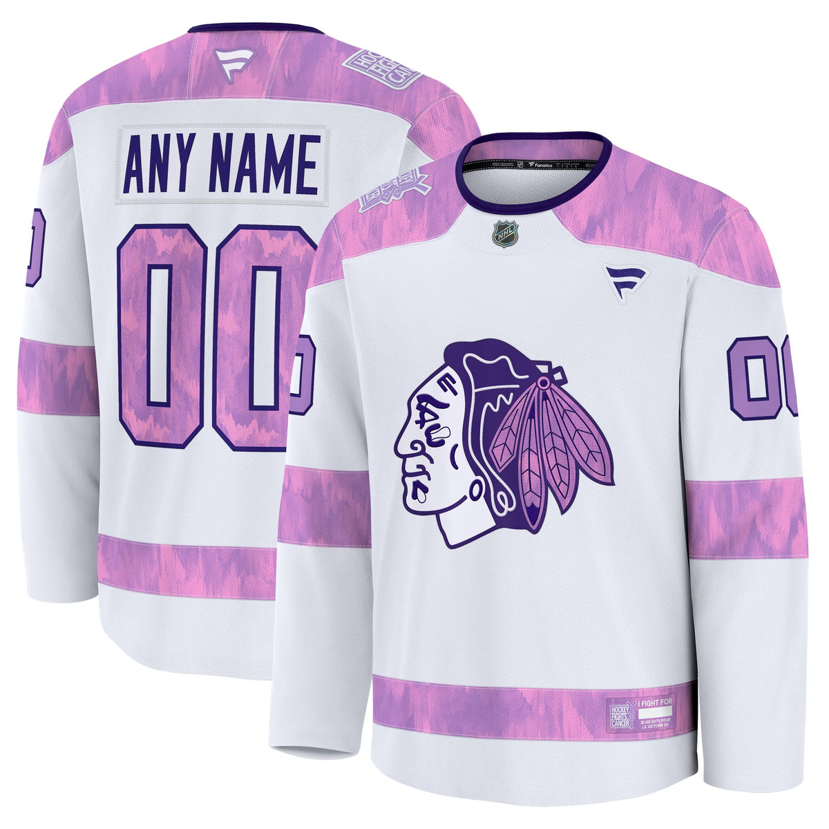 Men's Chicago Blackhawks Fanatics White 2024 Hockey Fights Cancer Custom Practice Jersey