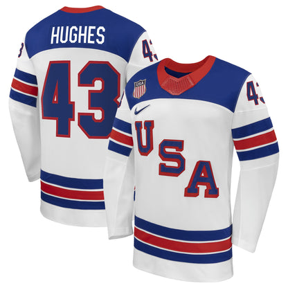 Men's Quinn Hughes Nike White US Hockey 2026 Away Replica Jersey