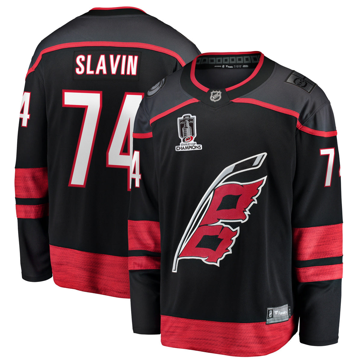 Men's Carolina Hurricanes Jaccob Slavin Fanatics Black 2026 Stanley Cup Champions Home Breakaway Jersey
