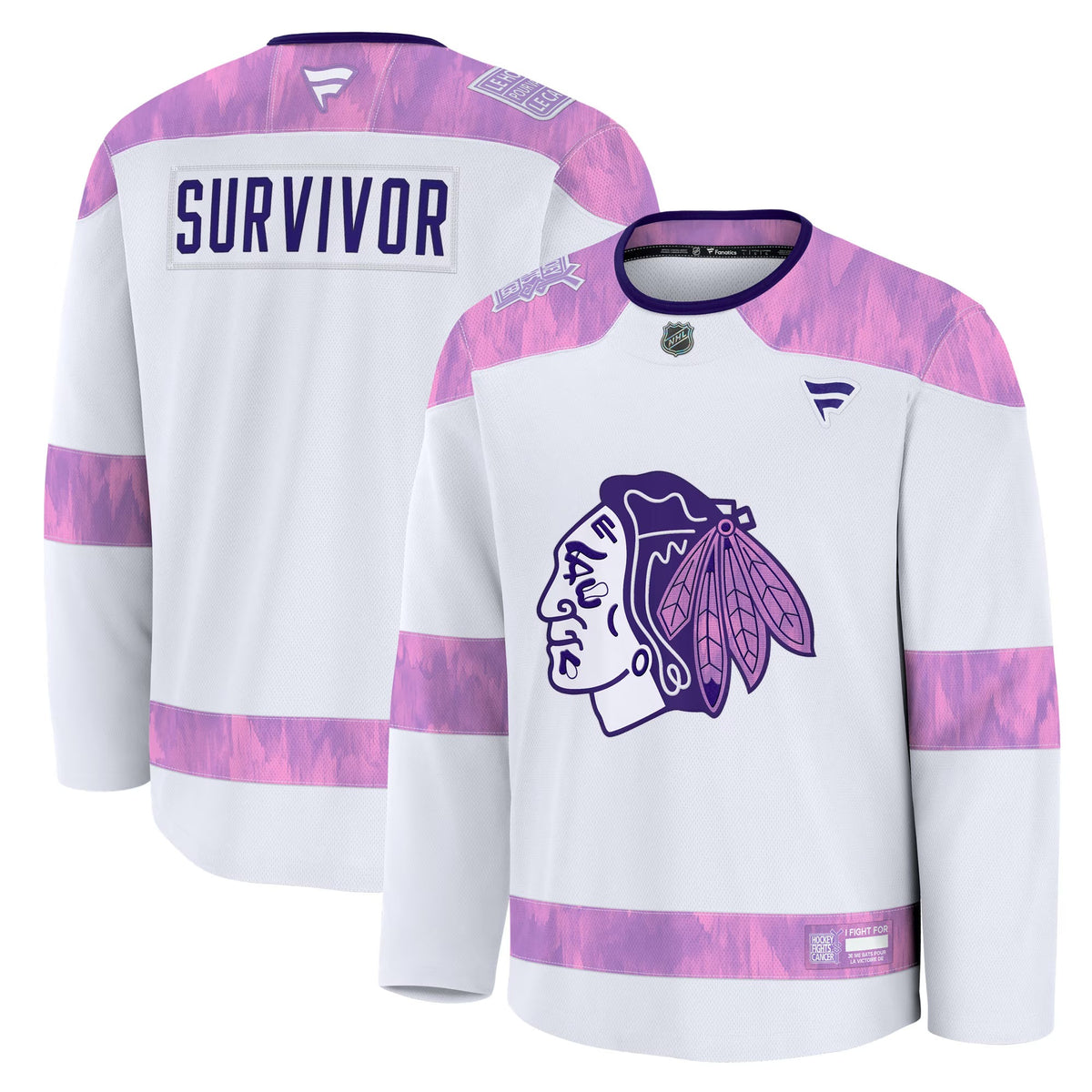 Men's Chicago Blackhawks Fanatics White Hockey Fights Cancer Survivor Practice Jersey