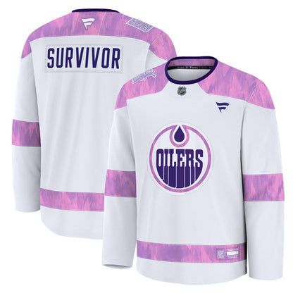 Men's Edmonton Oilers Fanatics White Hockey Fights Cancer Survivor Practice Jersey