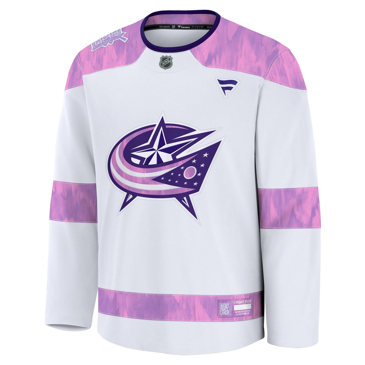 Men's Columbus Blue Jackets Fanatics White 2024 Hockey Fights Cancer Practice Jersey