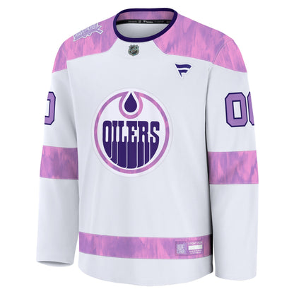 Men's Edmonton Oilers Fanatics White 2024 Hockey Fights Cancer Custom Practice Jersey