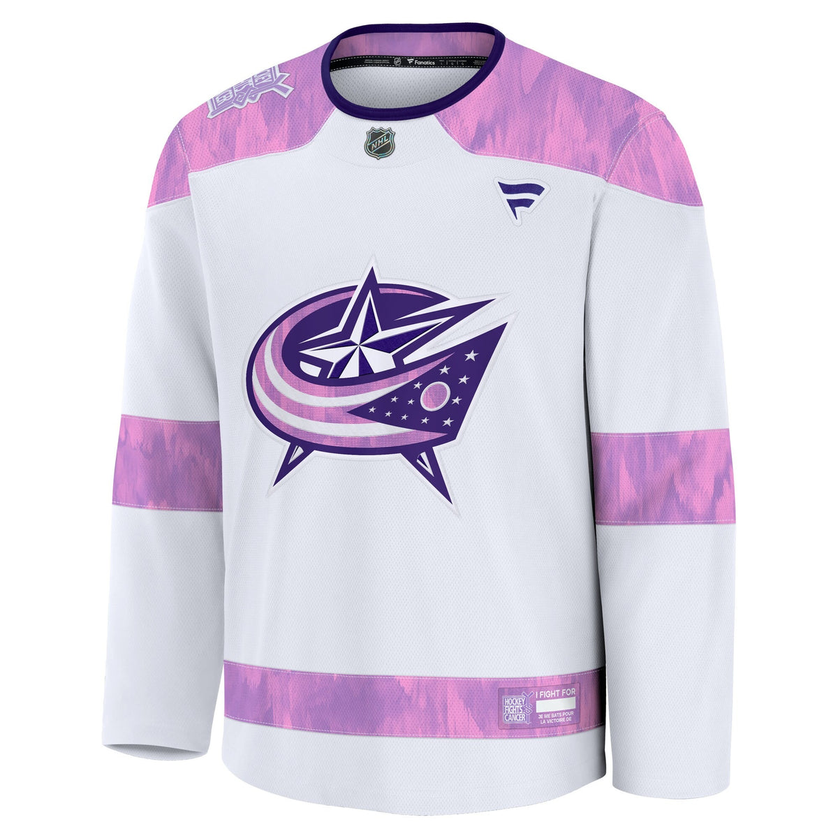 Men's Columbus Blue Jackets Fanatics White Hockey Fights Cancer Survivor Practice Jersey