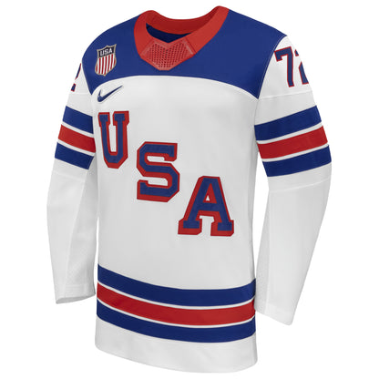 Men's US Hockey Tage Thompson Nike White 2026 Away Replica Jersey