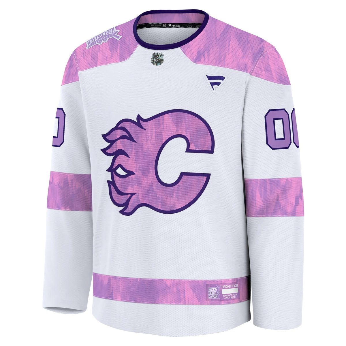 Men's Calgary Flames Fanatics White 2024 Hockey Fights Cancer Custom Practice Jersey