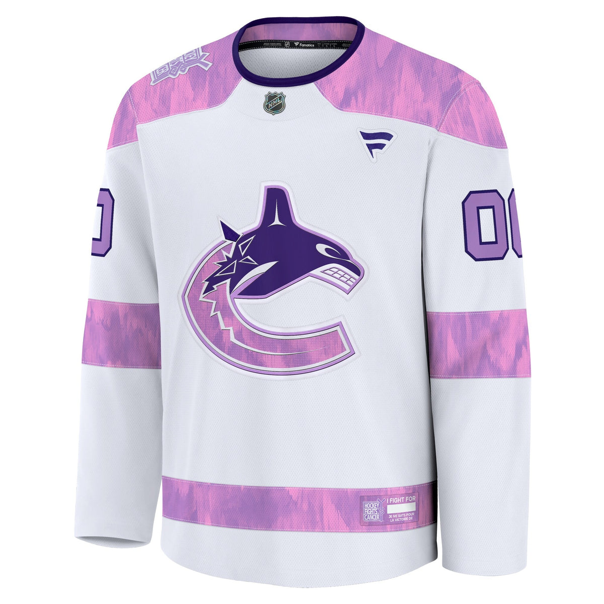 Men's Vancouver Canucks Fanatics White 2024 Hockey Fights Cancer Custom Practice Jersey