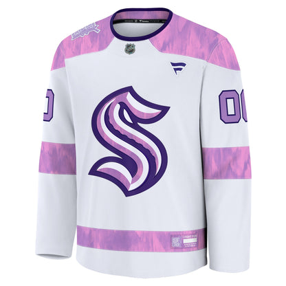 Men's Seattle Kraken Fanatics White 2024 Hockey Fights Cancer Custom Practice Jersey