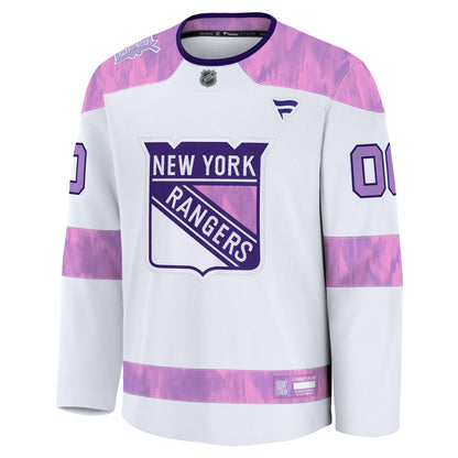 Men's New York Rangers Fanatics White 2024 Hockey Fights Cancer Custom Practice Jersey