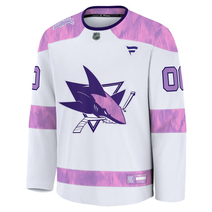 Men's San Jose Sharks Fanatics White 2024 Hockey Fights Cancer Custom Practice Jersey