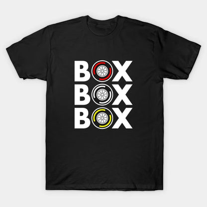 Box Box Box F1 Tyre Compound White Text Design T-Shirt