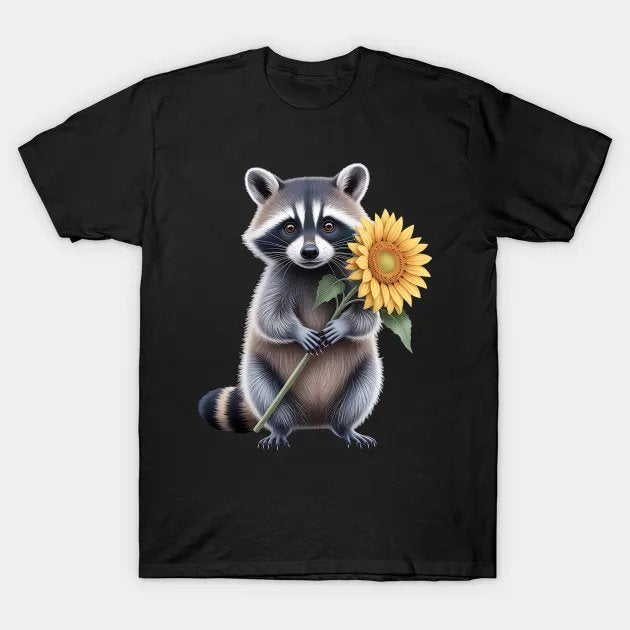 Raccoon Holding Sunflower Cute Flower Mothers Day T-Shirt