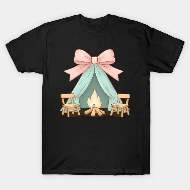 Coquette Bow Camping Camper Mothers Day Campfire Ribbon Mom T-Shirt