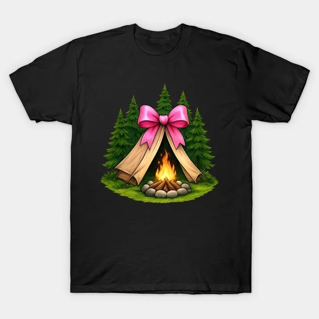 Coquette Bow Camper Mothers Day Camping Campfire Ribbon Mom T-Shirt