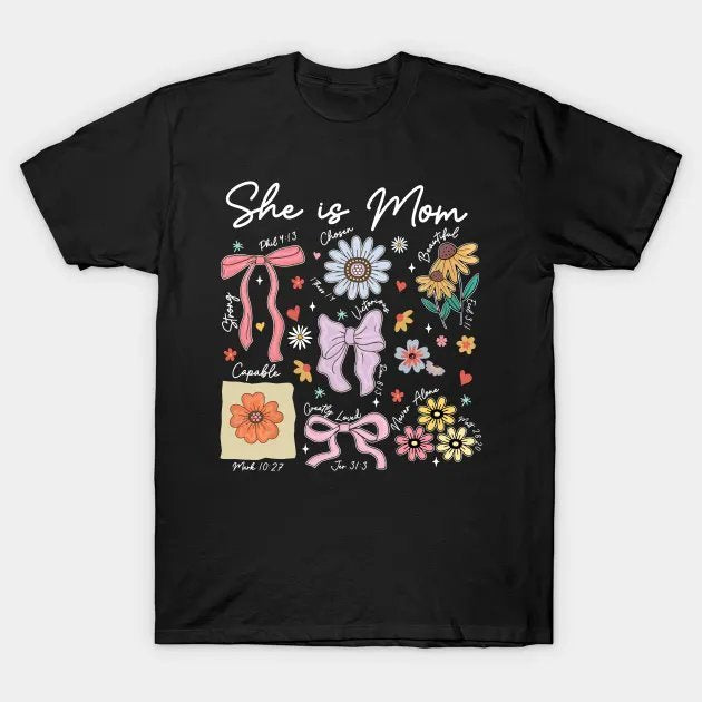 Christian She Is Mom Boho Floral Coquette Bow Mothers Day T-Shirt