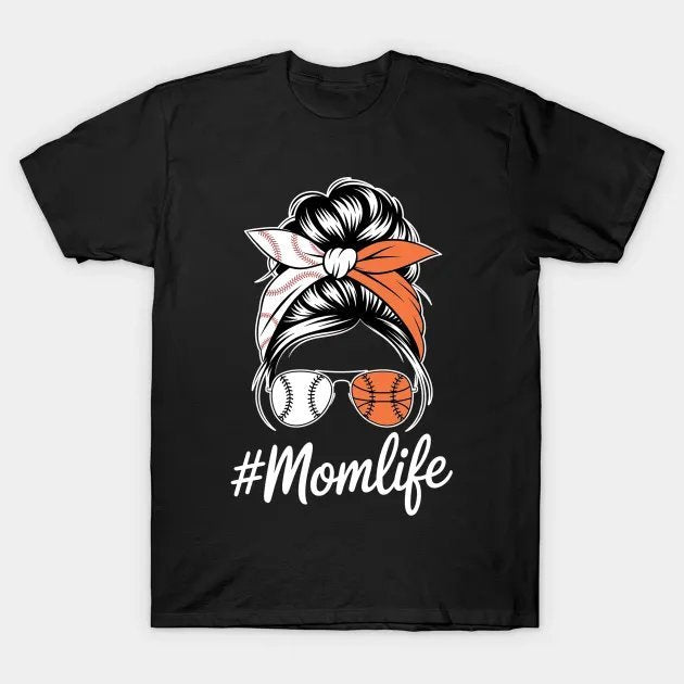 Mom Life Baseball Basketball Mom Messy Bun T-Shirt