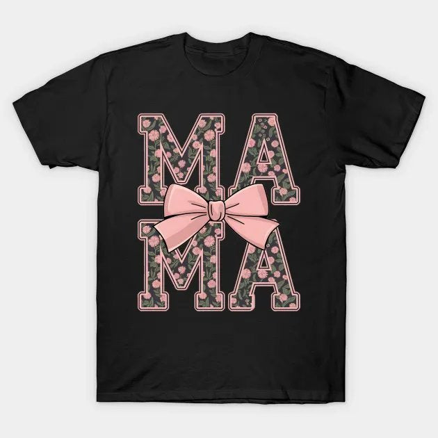 Mama Coquette Bow Groovy Pink Floral Mother'S Day Mom Life T-Shirt