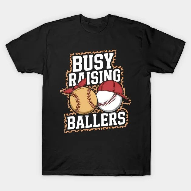 Busy Raising Ballers Softball And Baseball Leopard Print T-Shirt