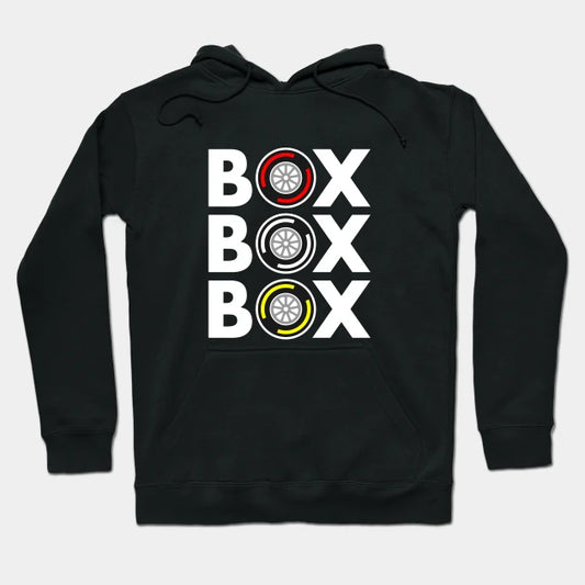 Box Box Box F1 Tyre Compound White Text Design Hoodie