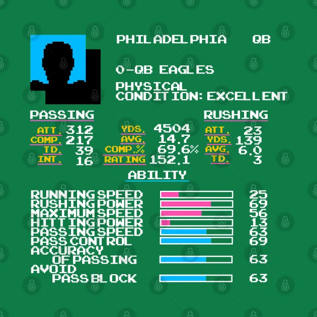 Qb Eagles (Randall Cunningham) - Tecmo Football Video Game Stats T-Shirt