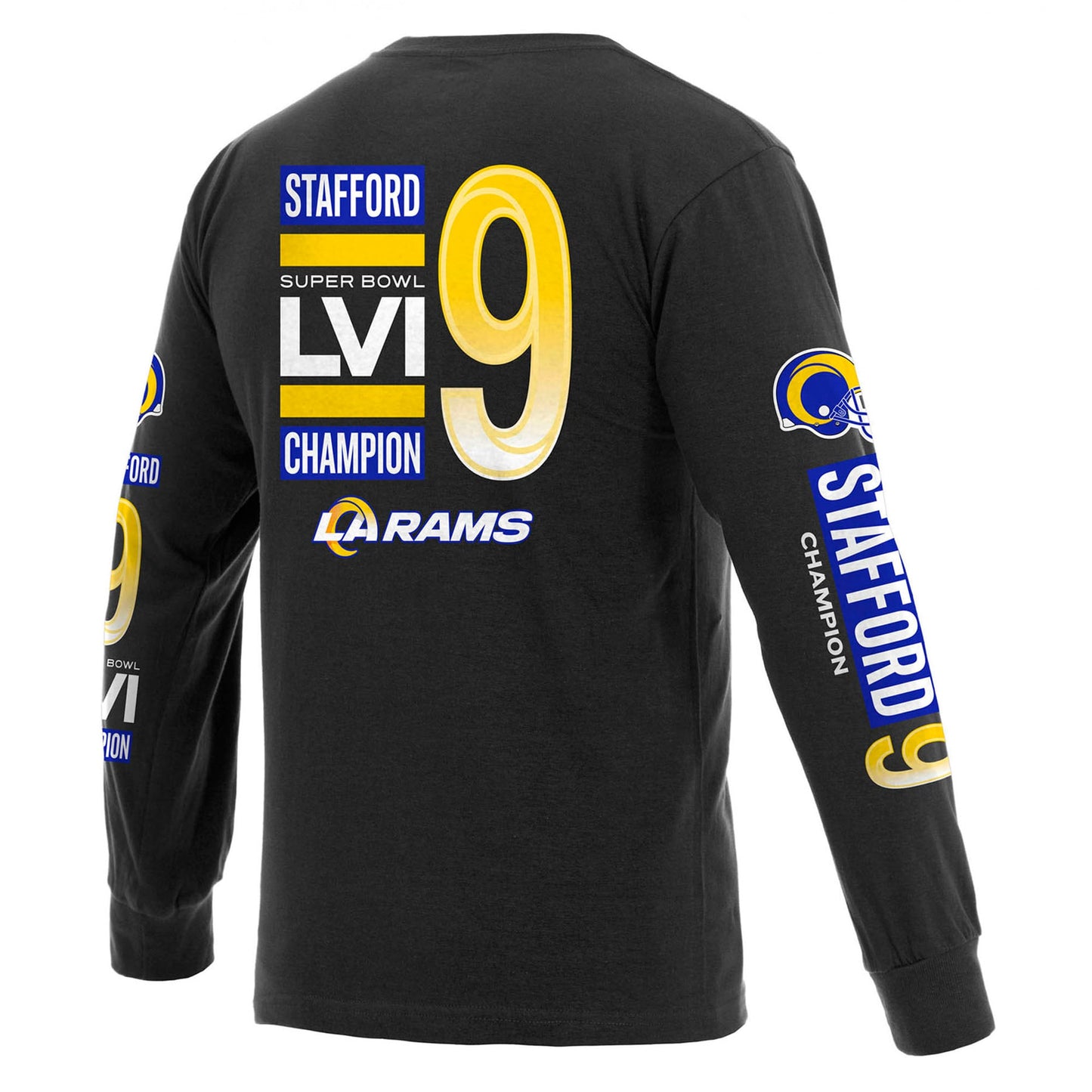Men's Fanatics Branded Matthew Stafford Black Los Angeles Rams Super Bowl LVI Champions Player Name & Number Long Sleeve