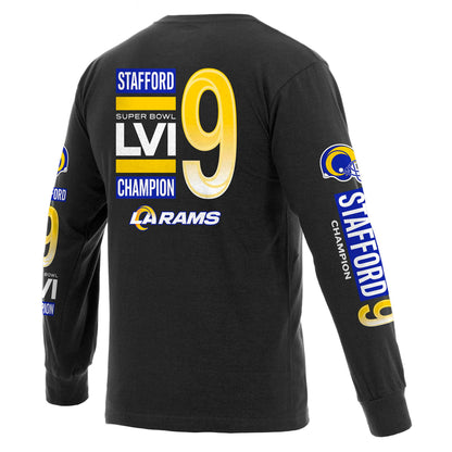 Men's Fanatics Branded Matthew Stafford Black Los Angeles Rams Super Bowl LVI Champions Player Name & Number Long Sleeve