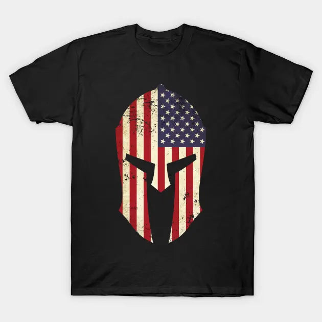 Spartan Helmet American Flag Distressed Warrior T-Shirt