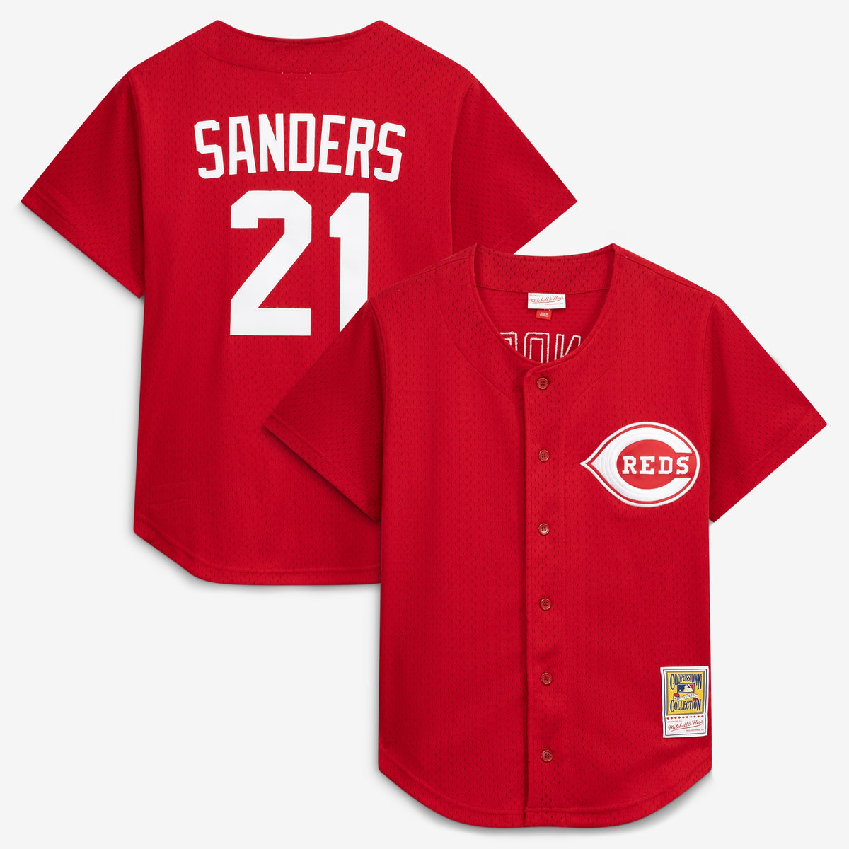 Men's Cincinnati Reds Deion Sanders Mitchell & Ness Red Cooperstown Mesh Batting Practice Button-Up Jersey