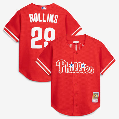 Men's Philadelphia Phillies Jimmy Rollins Mitchell & Ness Red Cooperstown Mesh Batting Practice Button-Up Jersey