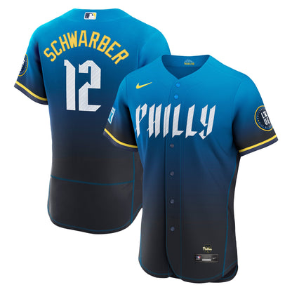 Men's Philadelphia Phillies Kyle Schwarber Nike Navy City Connect Authentic Sponsor Patch Jersey