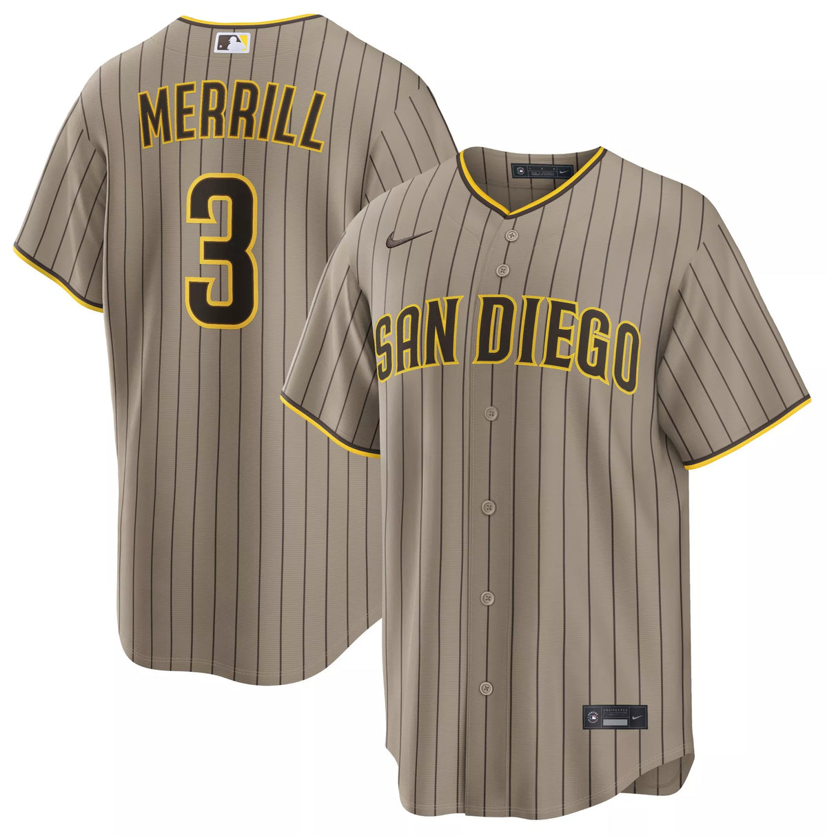 Nike Men's San Diego Padres Khaki Jackson Merrill #3 Alternate Replica Jersey