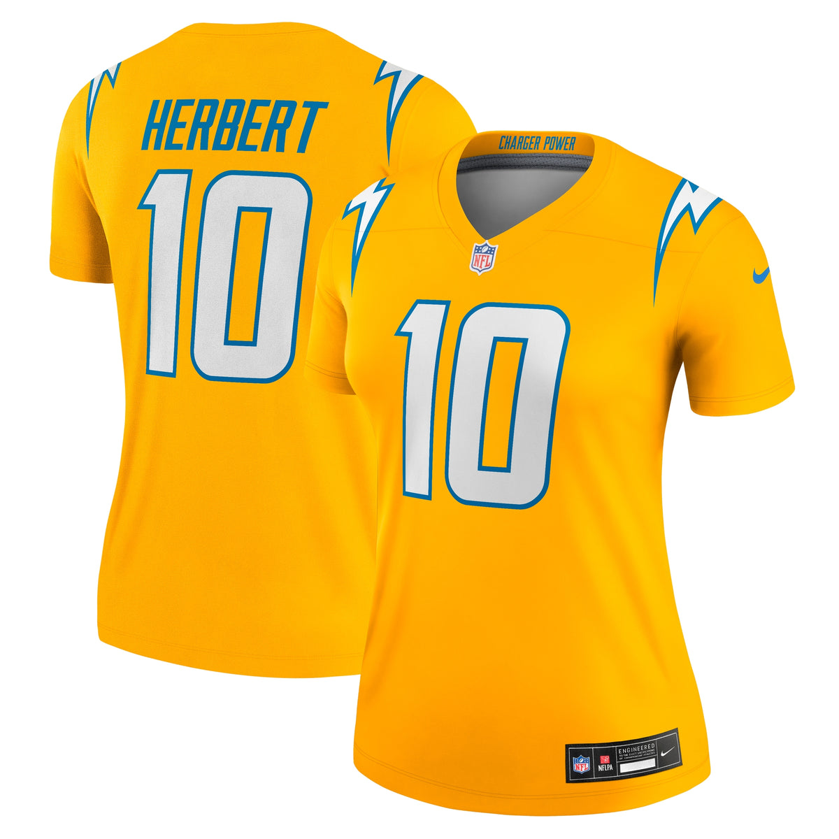 Women's Los Angeles Chargers Justin Herbert Nike Gold Alternate Charger Power Legend Player Performance Top