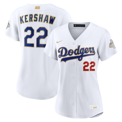 Women's Los Angeles Dodgers Clayton Kershaw Nike White 2026 Gold Collection Stadium Jersey