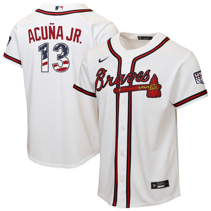 Youth Atlanta Braves Ronald Acuí±a Jr. Nike White USA 250 Fourth of July Home Replica Jersey