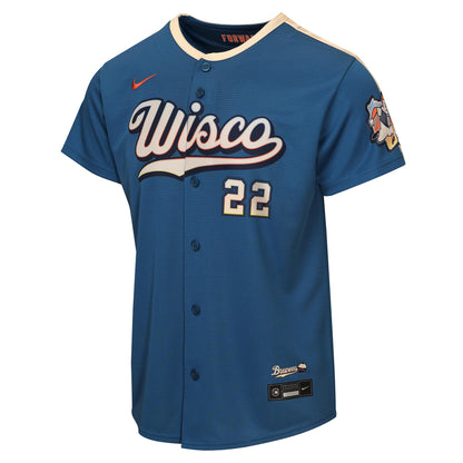 Youth Milwaukee Brewers Christian Yelich Nike Mineral Blue 2026 City Connect Stadium Jersey