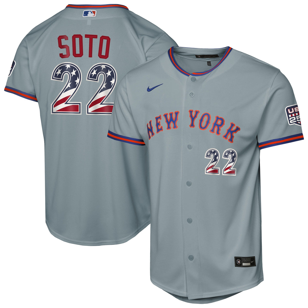 Youth New York Mets Juan Soto Nike Gray USA 250 Fourth of July Road Replica Jersey