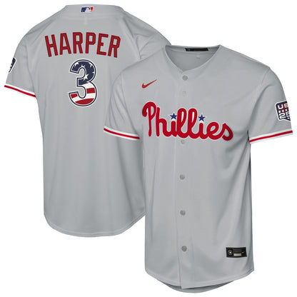 Youth Philadelphia Phillies Bryce Harper Nike Gray USA 250 Fourth of July Road Replica Jersey