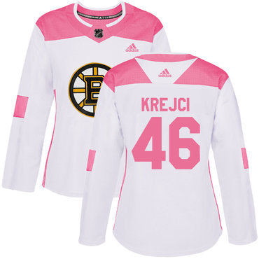 Adidas Boston Bruins 46 David Krejci White Pink Authentic Fashion Womens Stitched Nhl Jersey