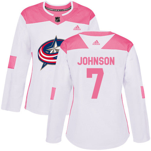 Adidas Columbus Blue Jackets 7 Jack Johnson White Pink Authentic Fashion Womens Stitched Nhl Jersey
