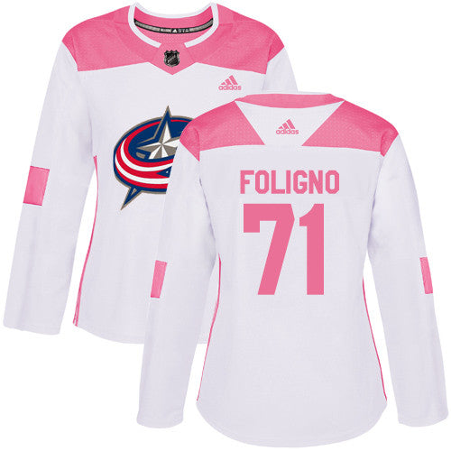Adidas Columbus Blue Jackets 71 Nick Foligno White Pink Authentic Fashion Womens Stitched Nhl Jersey