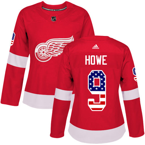 Adidas Detroit Red Wings 9 Gordie Howe Red Home Authentic Usa Flag Womens Stitched Nhl Jersey