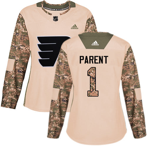 Adidas Philadelphia Flyers 1 Bernie Parent Camo Authentic 2017 Veterans Day Womens Stitched Nhl Jersey