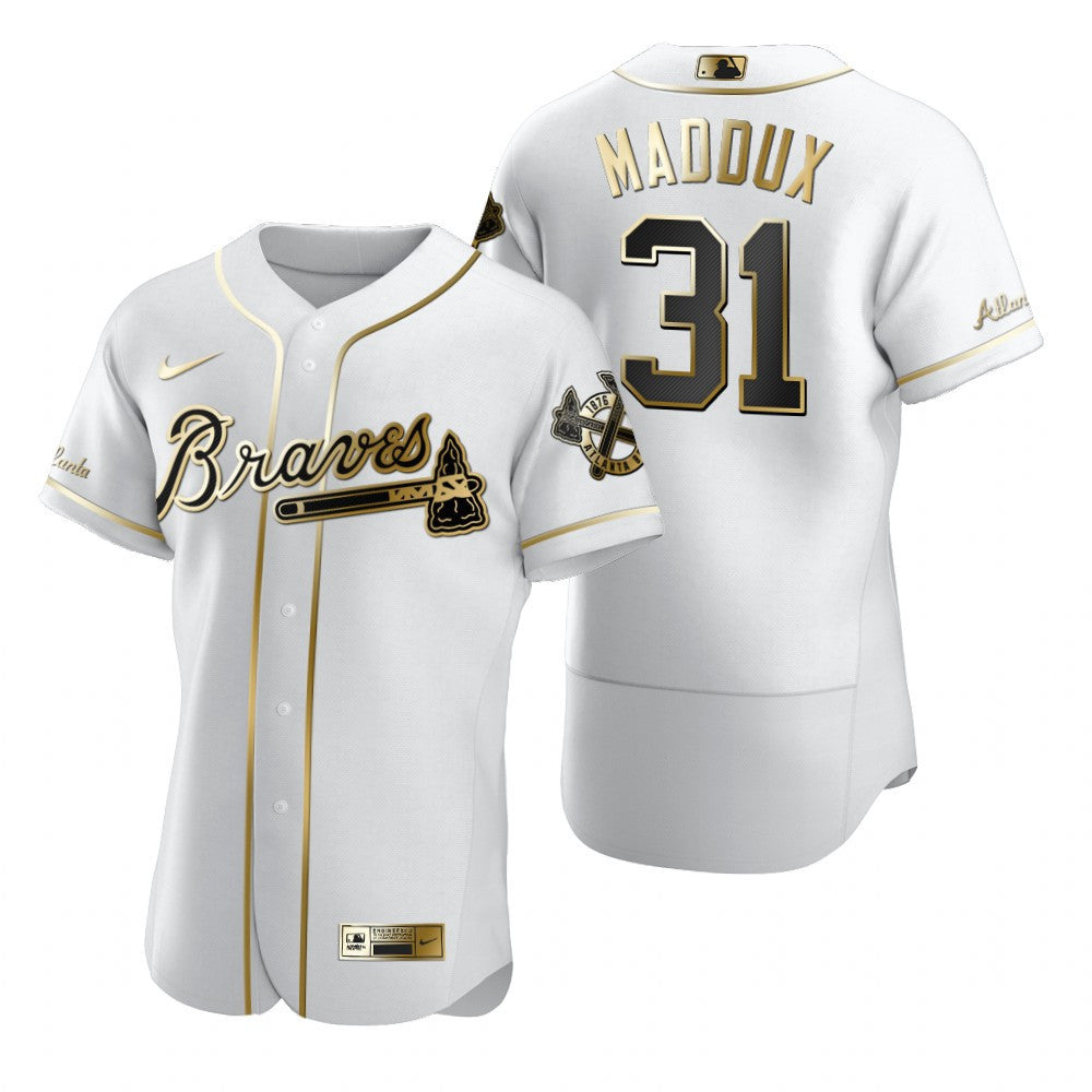 Atlanta Braves 31 Greg Maddux Mlb Golden Brandedition White Jersey Gift For Braves Fans