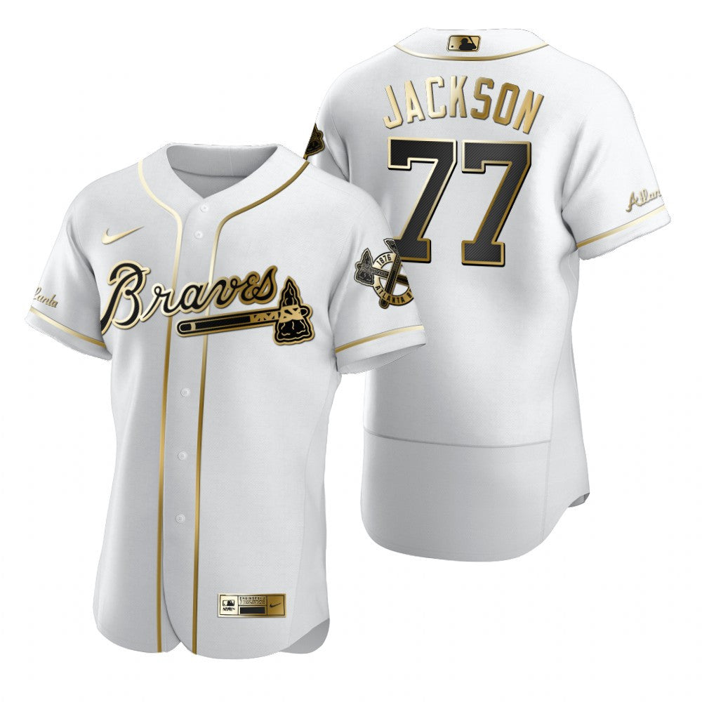 Atlanta Braves 77 Luke Jackson Mlb Golden Brandedition White Jersey Gift For Braves Fans