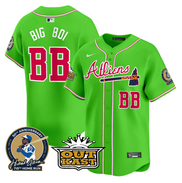 Big Boi Jersey #BB Atlanta Braves Atliens Hank Aaron Patch Limited Stitched Brig